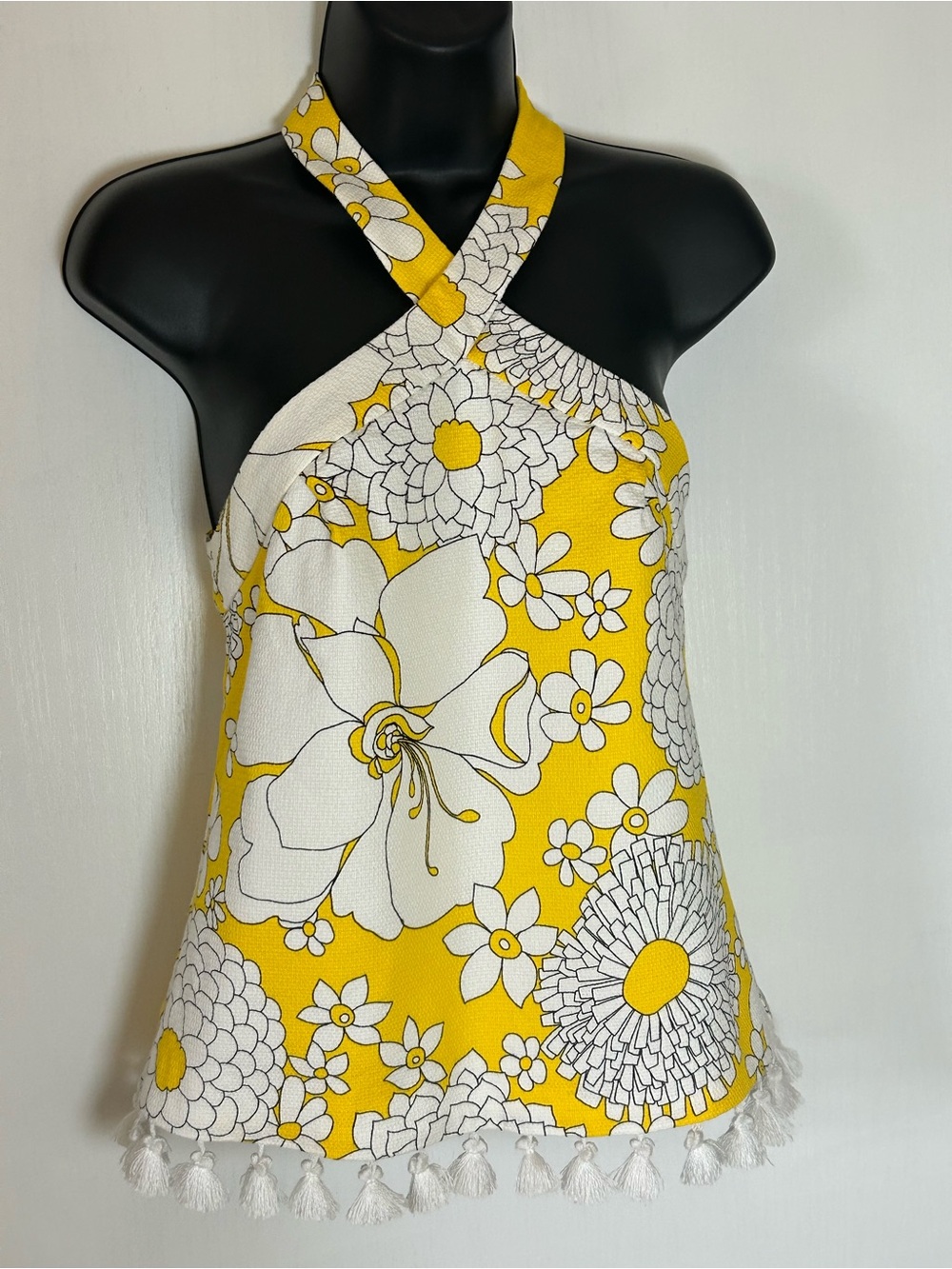 Trina Turk Yellow and White Tassel Top Size 2